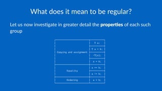 What does it mean to be regular?
Let us now inves,gate in greater detail the proper%es of each such
group
┌────────────────────────┬──────────┐
│ │ T a; │
│ ├──────────┤
│ │ T a = b; │
│ Copying and assignment ├──────────┤
│ │ ~T(a); │
│ ├──────────┤
│ │ a = b; │
├────────────────────────┼──────────┤
│ │ a == b; │
│ Equality ├──────────┤
│ │ a != b; │
├────────────────────────┼──────────┤
│ Ordering │ a < b; │
└────────────────────────┴──────────┘
 