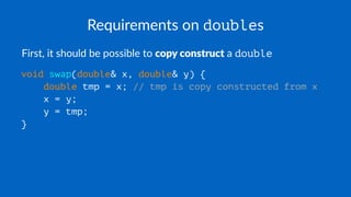 Requirements on doubles
First, it should be possible to copy construct a double
void swap(double& x, double& y) {
double tmp = x; // tmp is copy constructed from x
x = y;
y = tmp;
}
 