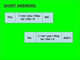 SHORT ANSWERS:


 Yes,   I / we / you / they   did.
           he / she / it




                         I / we / you / they
               No,          he / she / it      didn’t.
 