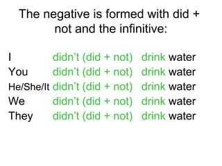 The negative is formed with did +
        not and the infinitive:

I         didn’t (did + not)   drink water
You       didn’t (did + not)   drink water
He/She/It didn’t (did + not)   drink water
We        didn’t (did + not)   drink water
They      didn’t (did + not)   drink water
 