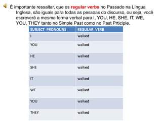 É importante ressaltar, que os regular verbs no Passado na Língua
Inglesa, são iguais para todas as pessoas do discurso, ou seja, você
escreverá a mesma forma verbal para I, YOU, HE, SHE, IT, WE,
YOU, THEY tanto no Simple Past como no Past Prticiple.
SUBJECT PRONOUNS REGULAR VERB
I walked
YOU walked
HE walked
SHE walked
IT walked
WE walked
YOU walked
THEY walked
 
