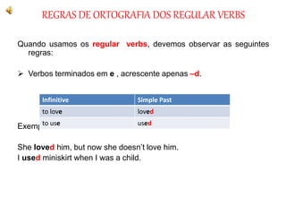REGRAS DE ORTOGRAFIA DOS REGULAR VERBS
Quando usamos os regular verbs, devemos observar as seguintes
regras:
 Verbos terminados em e , acrescente apenas –d.
Exemplos:
She loved him, but now she doesn’t love him.
I used miniskirt when I was a child.
Infinitive Simple Past
to love loved
to use used
 