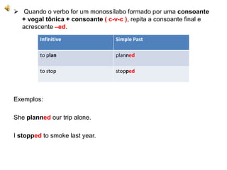  Quando o verbo for um monossílabo formado por uma consoante
+ vogal tônica + consoante ( c-v-c ), repita a consoante final e
acrescente –ed.
Exemplos:
She planned our trip alone.
I stopped to smoke last year.
Infinitive Simple Past
to plan planned
to stop stopped
 