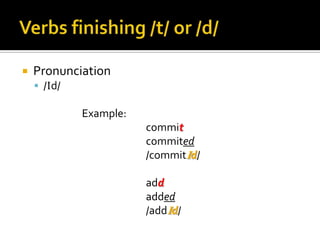 Verbsfinishing /t/ or /d/Pronunciation/Id/Example:commitcommited				/commitId/addadded					/addId/