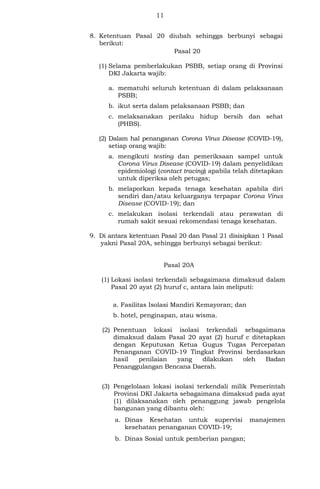 11
8. Ketentuan Pasal 20 diubah sehingga berbunyi sebagai
berikut:
Pasal 20
(1) Selama pemberlakukan PSBB, setiap orang di Provinsi
DKI Jakarta wajib:
a. mematuhi seluruh ketentuan di dalam pelaksanaan
PSBB;
b. ikut serta dalam pelaksanaan PSBB; dan
c. melaksanakan perilaku hidup bersih dan sehat
(PHBS).
(2) Dalam hal penanganan Corona Virus Disease (COVID-19),
setiap orang wajib:
a. mengikuti testing dan pemeriksaan sampel untuk
Corona Virus Disease (COVID-19) dalam penyelidikan
epidemiologi (contact tracing) apabila telah ditetapkan
untuk diperiksa oleh petugas;
b. melaporkan kepada tenaga kesehatan apabila diri
sendiri dan/atau keluarganya terpapar Corona Virus
Disease (COVID-19); dan
c. melakukan isolasi terkendali atau perawatan di
rumah sakit sesuai rekomendasi tenaga kesehatan.
9. Di antara ketentuan Pasal 20 dan Pasal 21 disisipkan 1 Pasal
yakni Pasal 20A, sehingga berbunyi sebagai berikut:
Pasal 20A
(1) Lokasi isolasi terkendali sebagaimana dimaksud dalam
Pasal 20 ayat (2) huruf c, antara lain meliputi:
a. Fasilitas Isolasi Mandiri Kemayoran; dan
b. hotel, penginapan, atau wisma.
(2) Penentuan lokasi isolasi terkendali sebagaimana
dimaksud dalam Pasal 20 ayat (2) huruf c ditetapkan
dengan Keputusan Ketua Gugus Tugas Percepatan
Penanganan COVID-19 Tingkat Provinsi berdasarkan
hasil penilaian yang dilakukan oleh Badan
Penanggulangan Bencana Daerah.
(3) Pengelolaan lokasi isolasi terkendali milik Pemerintah
Provinsi DKI Jakarta sebagaimana dimaksud pada ayat
(1) dilaksanakan oleh penanggung jawab pengelola
bangunan yang dibantu oleh:
a. Dinas Kesehatan untuk supervisi manajemen
kesehatan penanganan COVID-19;
b. Dinas Sosial untuk pemberian pangan;
 