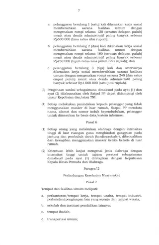 a. pelanggaran berulang 1 (satu) kali dikenakan kerja sosial
membersihkan sarana fasilitas umum dengan
mengenakan rompi selama 120 (seratus delapan puluh)
menit atau denda administratif paling banyak sebesar
Rp500.000 (lima ratus ribu rupiah);
b. pelanggaran berulang 2 (dua) kali dikenakan kerja sosial
membersihkan sarana fasilitas umum dengan
mengenakan rompi selama 180 (seratus delapan puluh)
menit atau denda administratif paling banyak sebesar
Rp750.000 (tujuh ratus lima puluh ribu rupiah); dan
c. pelanggaran berulang 3 (tiga) kali dan seterusnya
dikenakan kerja sosial membersihkan sarana fasilitas
umum dengan mengenakan rompi selama 240 (dua ratus
empat puluh) menit atau denda administratif paling
banyak sebesar Rp1.000.000 (satu juta rupiah).
(3) Pengenaan sanksi sebagaimana dimaksud pada ayat (1) dan
ayat (2) dilaksanakan oleh Satpol PP dapat didampingi oleh
unsur Kepolisian dan/ atau TNI.
(4) Setiap melakukan penindakan kepada pelanggar yang tidak
menggunakan masker di luar rumah, Satpol PP mendata
nama, alamat dan nomor induk kependudukan, pelanggar
untuk dimasukan ke basis data/ sistem informasi.
Pasal 6
(1) Setiap orang yang melakukan olahraga dengan intensitas
tinggi di luar ruangan guna menghindari gangguan pada
jantung dan pembuluh darah (kardiovaskuler), dikecualikan
dari kewajiban menggunakan masker ketika berada di luar
rumah.
(2) Ketentuan lebih lanjut mengenai jenis olahraga dengan
intensitas tinggi untuk tujuan prestasi sebagaimana
dimaksud pada ayat (1) ditetapkan dengan Keputusan
Kepala Dinas Pemuda dan Olahraga.
Paragraf 2
Perlindungan Kesehatan Masyarakat
Pasal 7
Tempat dan fasilitas umum meliputi:
a. perkantoran/tempat kerja, tempat usaha, tempat industri,
perhotelan/penginapan lain yang sejenis dan tempat wisata;
b. sekolah dan institusi pendidikan lainnya;
c. tempat ibadah;
d. transportasi umum;
 