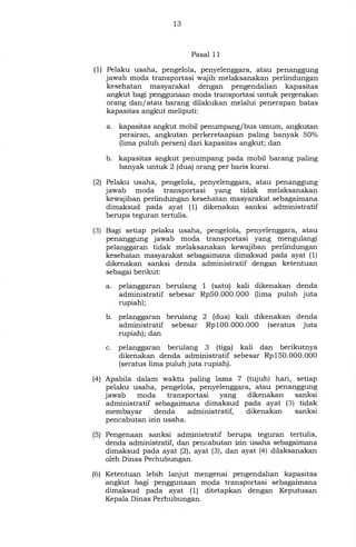 13
Pasal 11
(1) Pelaku usaha, pengelola, penyelenggara, atau penanggung
jawab moda transportasi wajib melaksanakan perlindungan
kesehatan masyarakat dengan pengendalian kapasitas
angkut bagi penggunaan moda transportasi untuk pergerakan
orang dan/atau barang dilakukan melalui penerapan batas
kapasitas angkut meliputi:
a. kapasitas angkut mobil penumpang/bus umum, angkutan
perairan, angkutan perkeretaapian paling banyak 50%
(lima puluh persen) dari kapasitas angkut; dan
b. kapasitas angkut penumpang pada mobil barang paling
banyak untuk 2 (dua) orang per baris kursi.
(2) Pelaku usaha, pengelola, penyelenggara, atau penanggung
jawab moda transportasi yang tidak melaksanakan
kewajiban perlindungan kesehatan masyarakat sebagaimana
dimaksud pada ayat (1) dikenakan sanksi administratif
berupa teguran tertulis.
(3) Bagi setiap pelaku usaha, pengelola, penyelenggara, atau
penanggung jawab moda transportasi yang mengulangi
pelanggaran tidak melaksanakan kewajiban perlindungan
kesehatan masyarakat sebagaimana dimaksud pada ayat (1)
dikenakan sanksi denda administratif dengan ketentuan
sebagai berikut:
a. pelanggaran berulang 1 (satu) kali dikenakan denda
administratif sebesar Rp50.000.000 (lima puluh juta
rupiah);
b. pelanggaran berulang 2 (dua) kali dikenakan denda
administratif sebesar Rp100.000.000 (seratus juta
rupiah); dan
c. pelanggaran berulang 3 (tiga) kali dan berikutnya
dikenakan denda administratif sebesar Rp150.000.000
(seratus lima puluh juta rupiah).
(4) Apabila dalam waktu paling lama 7 (tujuh) hari, setiap
pelaku usaha, pengelola, penyelenggara, atau penanggung
jawab moda transportasi yang dikenakan sanksi
administratif sebagaimana dimaksud pada ayat (3) tidak
membayar denda administratif, dikenakan sanksi
pencabutan izin usaha.
(5) Pengenaan sanksi administratif berupa teguran tertulis,
denda administratif, dan pencabutan izin usaha sebagaimana
dimaksud pada ayat (2), ayat (3), dan ayat (4) dilaksanakan
oleh Dinas Perhubungan.
(6) Ketentuan lebih lanjut mengenai pengendalian kapasitas
angkut bagi penggunaan moda transportasi sebagaimana
dimaksud pada ayat (1) ditetapkan dengan Keputusan
Kepala Dinas Perhubungan.
 