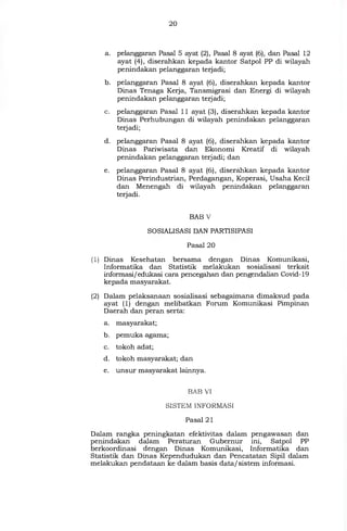 20
a. pelanggaran Pasal 5 ayat (2), Pasal 8 ayat (6), dan Pasal 12
ayat (4), diserahkan kepada kantor Satpol PP di wilayah
penindakan pelanggaran terjadi;
b. pelanggaran Pasal 8 ayat (6), diserahkan kepada kantor
Dinas Tenaga Kerja, Tansmigrasi dan Energi di wilayah
penindakan pelanggaran terjadi;
c. pelanggaran Pasal 11 ayat (3), diserahkan kepada kantor
Dinas Perhubungan di wilayah penindakan pelanggaran
terjadi;
d. pelanggaran Pasal 8 ayat (6), diserahkan kepada kantor
Dinas Pariwisata dan Ekonomi Kreatif di wilayah
penindakan pelanggaran terjadi; dan
e. pelanggaran Pasal 8 ayat (6), diserahkan kepada kantor
Dinas Perindustrian, Perdagangan, Koperasi, Usaha Kecil
dan Menengah di wilayah penindakan pelanggaran
terjadi.
BAB V
SOSIALISASI DAN PARTISIPASI
Pasal 20
(1) Dinas Kesehatan bersama dengan Dinas Komunikasi,
Informatika dan Statistik melakukan sosialisasi terkait
informasi/edukasi cara pencegahan dan pengendalian Covid-19
kepada masyarakat.
(2) Dalam pelaksanaan sosialisasi sebagaimana dimaksud pada
ayat (1) dengan melibatkan Forum Komunikasi Pimpinan
Daerah dan peran serta:
a. masyarakat;
b. pemuka agama;
c. tokoh adat;
d. tokoh masyarakat; dan
e. unsur masyarakat lainnya.
BAB VI
SISTEM INFORMASI
Pasal 21
Dalam rangka peningkatan efektivitas dalam pengawasan dan
penindakan dalam Peraturan Gubernur ini, Satpol PP
berkoordinasi dengan Dinas Komunikasi, Informatika dan
Statistik dan Dinas Kependudukan dan Pencatatan Sipil dalam
melakukan pendataan ke dalam basis data/ sistem informasi.
 