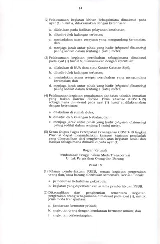 14
(2) Pelaksanaan kegiatan khitan sebagaimana dimaksud pada
ayat (1) huruf a, dilaksanakan dengan ketentuan:
a. dilakukan pada fasilitas pelayanan kesehatan;
b. dihadiri oleh kalangan terbatas;
c. meniadakan acara perayaan yang mengundang keramaian;
dan
d. menjaga jarak antar pihak yang hadir (physical distancing)
paling sedikit dalam rentang 1 (satu) meter.
(3) Pelaksanaan kegiatan pernikahan sebagaimana dimaksud
pada ayat (1) huruf b, dilaksanakan dengan ketentuan:
a. dilakukan di KUA dan/atau Kantor Catatan Sipil;
b. dihadiri oleh kalangan terbatas;
c. meniadakan acara resepsi pernikahan yang mengundang
keramaian; dan
d. menjaga jarak antar pihak yang hadir (physical distancing)
paling sedikit dalam rentang 1 (satu) meter.
(4) Pelaksanaan kegiatan pemakaman dan/atau takziah kematian
yang bukan karena Corona Virus Disease (COVID-19)
sebagaimana dimaksud pada ayat (1) huruf c, dilaksanakan
dengan ketentuan:
a. dilakukan di rumah duka;
b. dihadiri oleh kalangan terbatas; dan
c. menjaga jarak antar pihak yang hadir (physical distancing)
paling sedikit dalam rentang 1 (satu) meter.
(5) Ketua Gugus Tugas Percepatan Penanganan COVID-19 tingkat
Provinsi dapat menambahkan kategori kegiatan penduduk
yang dikecualikan dari penghentian atas kegiatan sosial dan
budaya sebagaimana dimaksud pada ayat (1).
Bagian Ketujuh
Pembatasan Penggunakan Moda Transportasi
Untuk Pergerakan Orang dan Barang
Pasal 18
(1) Selama pemberlakuan PSBB, semua kegiatan pergerakan
orang dan/atau barang dihentikan sementara, kecuali untuk:
a. pemenuhan kebutuhan pokok; dan
b. kegiatan yang diperbolehkan selama pemberlakuan PSBB.
(2) Dikecualikan dari penghentian	sementara kegiatan
pergerakan orang sebagaimana dimaksud pada ayat (1), untuk
jenis moda transportasi:
a. kendaraan bermotor pribadi;
b. angkutan orang dengan kendaraan bermotor umum; dan
c. angkutan perkeretaapian.
 