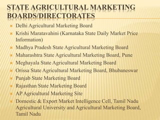 STATE AGRICULTURAL MARKETING
BOARDS/DIRECTORATES
 Delhi Agricultural Marketing Board
 Krishi Maratavahini (Karnataka State Daily Market Price
Information)
 Madhya Pradesh State Agricultural Marketing Board
 Maharashtra State Agricultural Marketing Board, Pune
 Meghayala State Agricultural Marketing Board
 Orissa State Agricultural Marketing Board, Bhubaneswar
 Punjab State Marketing Board
 Rajasthan State Marketing Board
 AP Agricultural Marketing Site
 Domestic & Export Market Intelligence Cell, Tamil Nadu
Agricultural University and Agricultural Marketing Board,
Tamil Nadu
 