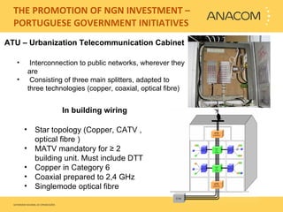 THE PROMOTION OF NGN INVESTMENT – PORTUGUESE GOVERNMENT INITIATIVES ATU – Urbanization Telecommunication Cabinet Interconnection to public networks, wherever they are Consisting of three main splitters, adapted to three technologies (copper, coaxial, optical fibre) In building wiring Star topology (Copper, CATV , optical fibre ) MATV mandatory for ≥ 2 building unit. Must include DTT  Copper in Category 6  Coaxial prepared to 2,4 GHz Singlemode optical fibre 