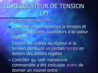 LE REGULATEUR DE TENSION
(2)
Exigences demandées :
 Contrôler en permanence la tension et
déceler les écarts supérieurs à la valeur
réglée
 Donner les ordres au régleur si la
tension demeure un certain temps en
dehors des limites réglées
 Contrôler qu ’une manœuvre
commandée a été exécutée avant de
donner un nouvel ordre
 