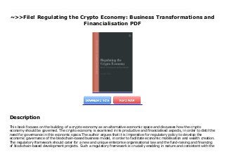 ~>>File! Regulating the Crypto Economy: Business Transformations and
Financialisation PDF
This book focuses on the building of a crypto economy as an alternative economic space and discusses how the crypto economy should be governed. The crypto economy is examined in its productive and financialised aspects, in order to distil the need for governance in this economic space.The author argues that it is imperative for regulatory policy to develop the economic governance of the blockchain-based business model, in order to facilitate economic mobilisation and wealth creation. The regulatory framework should cater for a new and unique enterprise organisational law and the fund-raising and financing of blockchain-based development projects. Such a regulatory framework is crucially enabling in nature and consistent with the tenets of regulatory capitalism. Further, the book acknowledges the rising importance of private monetary orders in the crypto economy and native payment systems that do not rely on conventional institutions for value transfer. A regulatory blueprint is proposed for governing such monetary orders as 'commons' governance. The rise of Decentralised Finance and other financial innovations in the crypto economy are also discussed, and the book suggests a framework for regulatory consideration in this dynamic landscape in order to meet a balance of public interest objectives and private interests. By setting out a reform agenda in relation to economic and financial governance in the crypto economy, this forward-looking work argues for the extension of 'regulatory capitalism' to this perceived 'wild west' of an alternative economic space. It advances the message that an innovative regulatory agenda is needed to account for the economically disruptive and technologically transformative developments brought about by the crypto economy.
Description
This book focuses on the building of a crypto economy as an alternative economic space and discusses how the crypto
economy should be governed. The crypto economy is examined in its productive and financialised aspects, in order to distil the
need for governance in this economic space.The author argues that it is imperative for regulatory policy to develop the
economic governance of the blockchain-based business model, in order to facilitate economic mobilisation and wealth creation.
The regulatory framework should cater for a new and unique enterprise organisational law and the fund-raising and financing
of blockchain-based development projects. Such a regulatory framework is crucially enabling in nature and consistent with the
 