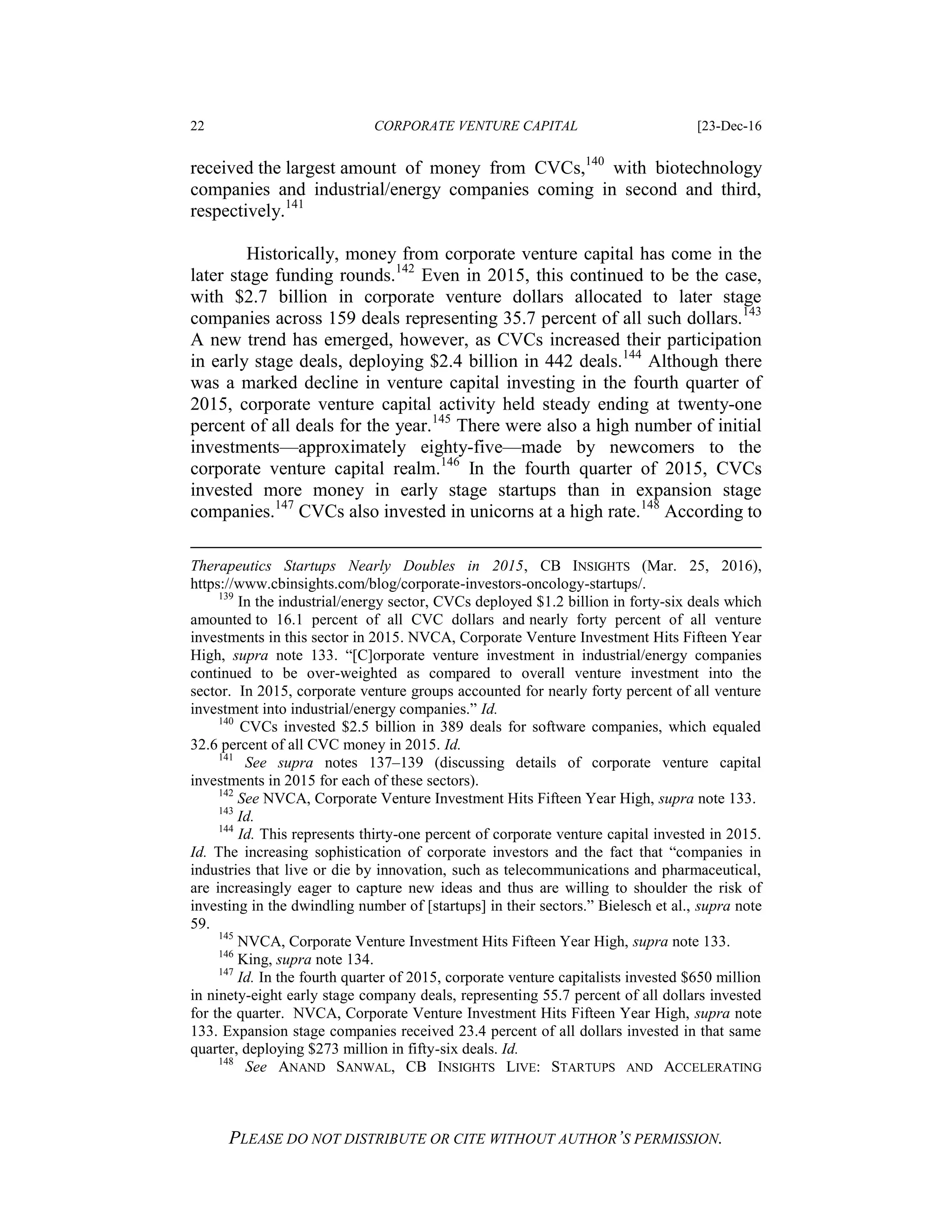 22 CORPORATE VENTURE CAPITAL [23-Dec-16
PLEASE DO NOT DISTRIBUTE OR CITE WITHOUT AUTHOR’S PERMISSION.
received the largest amount of money from CVCs,140
with biotechnology
companies and industrial/energy companies coming in second and third,
respectively.141
Historically, money from corporate venture capital has come in the
later stage funding rounds.142
Even in 2015, this continued to be the case,
with $2.7 billion in corporate venture dollars allocated to later stage
companies across 159 deals representing 35.7 percent of all such dollars.143
A new trend has emerged, however, as CVCs increased their participation
in early stage deals, deploying $2.4 billion in 442 deals.144
Although there
was a marked decline in venture capital investing in the fourth quarter of
2015, corporate venture capital activity held steady ending at twenty-one
percent of all deals for the year.145
There were also a high number of initial
investments—approximately eighty-five—made by newcomers to the
corporate venture capital realm.146
In the fourth quarter of 2015, CVCs
invested more money in early stage startups than in expansion stage
companies.147
CVCs also invested in unicorns at a high rate.148
According to
Therapeutics Startups Nearly Doubles in 2015, CB INSIGHTS (Mar. 25, 2016),
https://www.cbinsights.com/blog/corporate-investors-oncology-startups/.
139
In the industrial/energy sector, CVCs deployed $1.2 billion in forty-six deals which
amounted to 16.1 percent of all CVC dollars and nearly forty percent of all venture
investments in this sector in 2015. NVCA, Corporate Venture Investment Hits Fifteen Year
High, supra note 133. “[C]orporate venture investment in industrial/energy companies
continued to be over-weighted as compared to overall venture investment into the
sector. In 2015, corporate venture groups accounted for nearly forty percent of all venture
investment into industrial/energy companies.” Id.
140
CVCs invested $2.5 billion in 389 deals for software companies, which equaled
32.6 percent of all CVC money in 2015. Id.
141
See supra notes 137–139 (discussing details of corporate venture capital
investments in 2015 for each of these sectors).
142
See NVCA, Corporate Venture Investment Hits Fifteen Year High, supra note 133.
143
Id.
144
Id. This represents thirty-one percent of corporate venture capital invested in 2015.
Id. The increasing sophistication of corporate investors and the fact that “companies in
industries that live or die by innovation, such as telecommunications and pharmaceutical,
are increasingly eager to capture new ideas and thus are willing to shoulder the risk of
investing in the dwindling number of [startups] in their sectors.” Bielesch et al., supra note
59.
145
NVCA, Corporate Venture Investment Hits Fifteen Year High, supra note 133.
146
King, supra note 134.
147
Id. In the fourth quarter of 2015, corporate venture capitalists invested $650 million
in ninety-eight early stage company deals, representing 55.7 percent of all dollars invested
for the quarter. NVCA, Corporate Venture Investment Hits Fifteen Year High, supra note
133. Expansion stage companies received 23.4 percent of all dollars invested in that same
quarter, deploying $273 million in fifty-six deals. Id.
148
See ANAND SANWAL, CB INSIGHTS LIVE: STARTUPS AND ACCELERATING
 