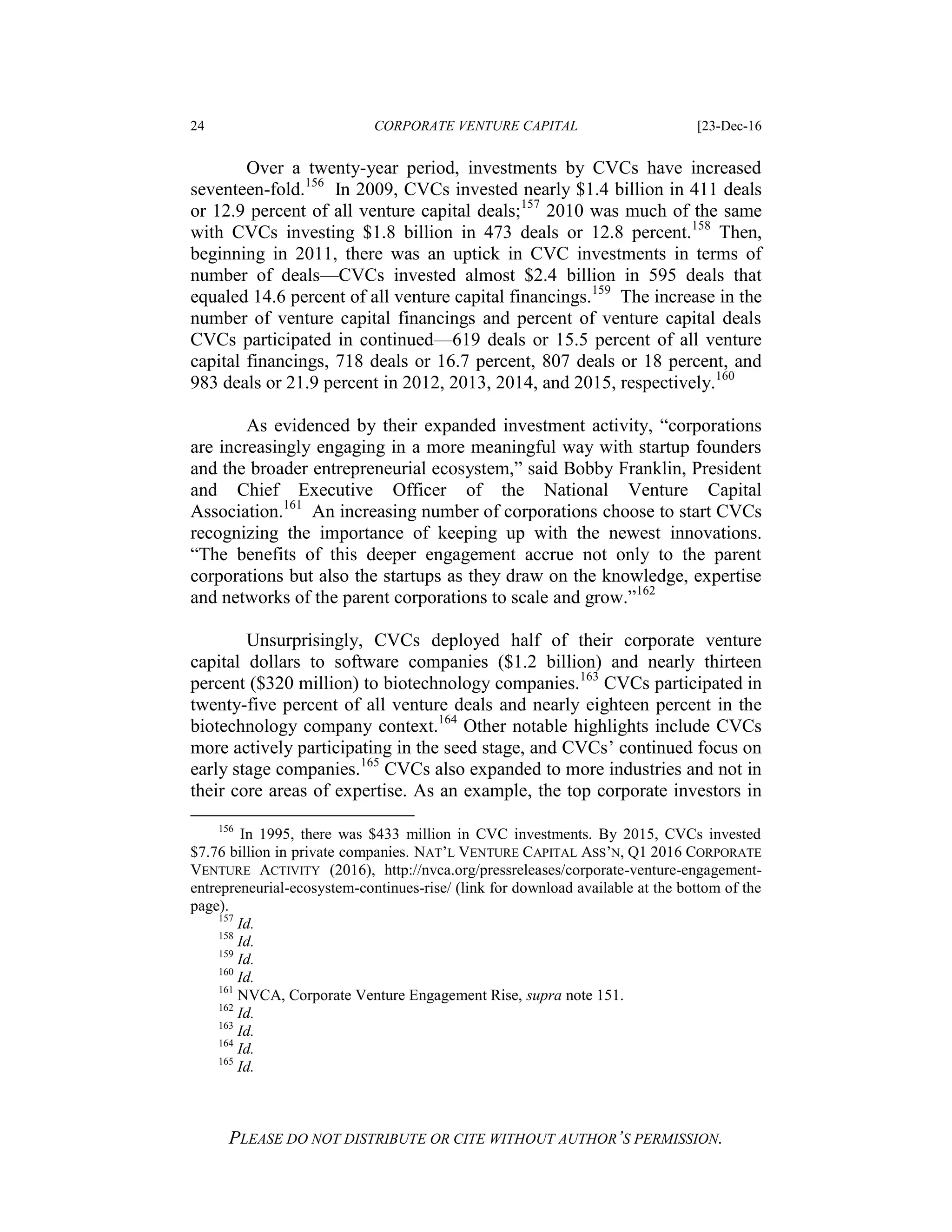 24 CORPORATE VENTURE CAPITAL [23-Dec-16
PLEASE DO NOT DISTRIBUTE OR CITE WITHOUT AUTHOR’S PERMISSION.
Over a twenty-year period, investments by CVCs have increased
seventeen-fold.156
In 2009, CVCs invested nearly $1.4 billion in 411 deals
or 12.9 percent of all venture capital deals;157
2010 was much of the same
with CVCs investing $1.8 billion in 473 deals or 12.8 percent.158
Then,
beginning in 2011, there was an uptick in CVC investments in terms of
number of deals—CVCs invested almost $2.4 billion in 595 deals that
equaled 14.6 percent of all venture capital financings.159
The increase in the
number of venture capital financings and percent of venture capital deals
CVCs participated in continued—619 deals or 15.5 percent of all venture
capital financings, 718 deals or 16.7 percent, 807 deals or 18 percent, and
983 deals or 21.9 percent in 2012, 2013, 2014, and 2015, respectively.160
As evidenced by their expanded investment activity, “corporations
are increasingly engaging in a more meaningful way with startup founders
and the broader entrepreneurial ecosystem,” said Bobby Franklin, President
and Chief Executive Officer of the National Venture Capital
Association.161
An increasing number of corporations choose to start CVCs
recognizing the importance of keeping up with the newest innovations.
“The benefits of this deeper engagement accrue not only to the parent
corporations but also the startups as they draw on the knowledge, expertise
and networks of the parent corporations to scale and grow.”162
Unsurprisingly, CVCs deployed half of their corporate venture
capital dollars to software companies ($1.2 billion) and nearly thirteen
percent ($320 million) to biotechnology companies.163
CVCs participated in
twenty-five percent of all venture deals and nearly eighteen percent in the
biotechnology company context.164
Other notable highlights include CVCs
more actively participating in the seed stage, and CVCs’ continued focus on
early stage companies.165
CVCs also expanded to more industries and not in
their core areas of expertise. As an example, the top corporate investors in
156
In 1995, there was $433 million in CVC investments. By 2015, CVCs invested
$7.76 billion in private companies. NAT’L VENTURE CAPITAL ASS’N, Q1 2016 CORPORATE
VENTURE ACTIVITY (2016), http://nvca.org/pressreleases/corporate-venture-engagement-
entrepreneurial-ecosystem-continues-rise/ (link for download available at the bottom of the
page).
157
Id.
158
Id.
159
Id.
160
Id.
161
NVCA, Corporate Venture Engagement Rise, supra note 151.
162
Id.
163
Id.
164
Id.
165
Id.
 
