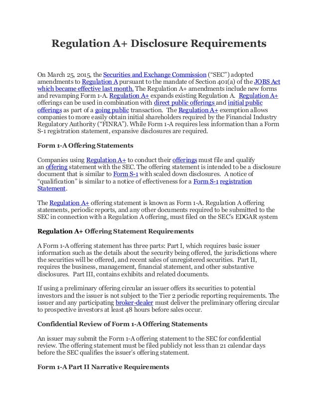 Regulation A+ Disclosure