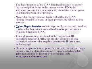 •

•

•

•

•

The basic function of the DNA-binding domain is to anchor
the transcription factor to the proper site on DNA; the
activation domain then independently stimulates transcription
by interacting with other proteins.
Molecular characterization has revealed that the DNAbinding domains of many of these proteins are related to one
another .
Zinc finger domains contain repeats of cysteine and histidine
residues that bind zinc ions and fold into looped structures
(“fingers”) that bind DNA.
These domains were identified in the polymerase III
transcription factor TFIIIA but are also common among
transcription factors that regulate polymerase II promoters,
including Sp1.
Other examples of transcription factors that contain zinc finger
domains are the steroid hormone receptors, which regulate
gene transcription in response to hormones such
as estrogen and testosterone.

 