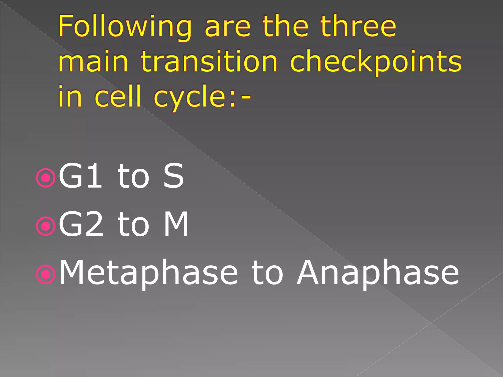 G1 to S
G2 to M
Metaphase to Anaphase
 