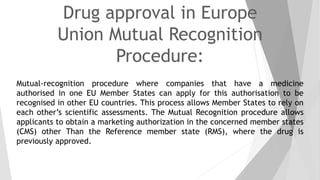 Drug approval in Europe
Union Mutual Recognition
Procedure:
Mutual-recognition procedure where companies that have a medic...