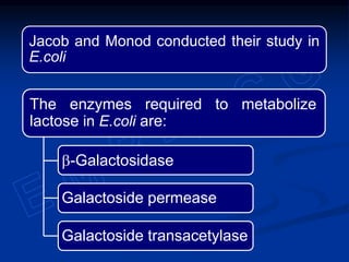 Jacob and Monod conducted their study in
E.coli
b-Galactosidase
The enzymes required to metabolize
lactose in E.coli are:
Galactoside transacetylase
Galactoside permease
 