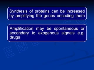 Synthesis of proteins can be increased
by amplifying the genes encoding them
Amplification may be spontaneous or
secondary to exogenous signals e.g.
drugs
 