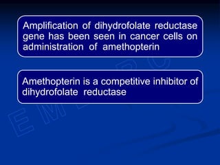 Amplification of dihydrofolate reductase
gene has been seen in cancer cells on
administration of amethopterin
Amethopterin is a competitive inhibitor of
dihydrofolate reductase
 
