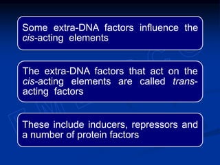 Some extra-DNA factors influence the
cis-acting elements
The extra-DNA factors that act on the
cis-acting elements are called trans-
acting factors
These include inducers, repressors and
a number of protein factors
 