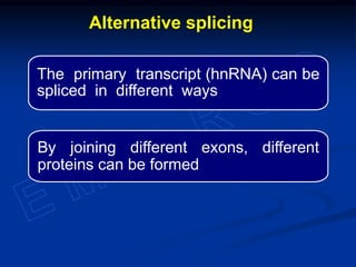 The primary transcript (hnRNA) can be
spliced in different ways
By joining different exons, different
proteins can be formed
Alternative splicing
 