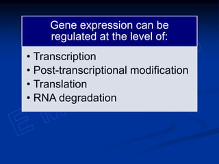Gene expression can be
regulated at the level of:
• Transcription
• Post-transcriptional modification
• Translation
• RNA degradation
 