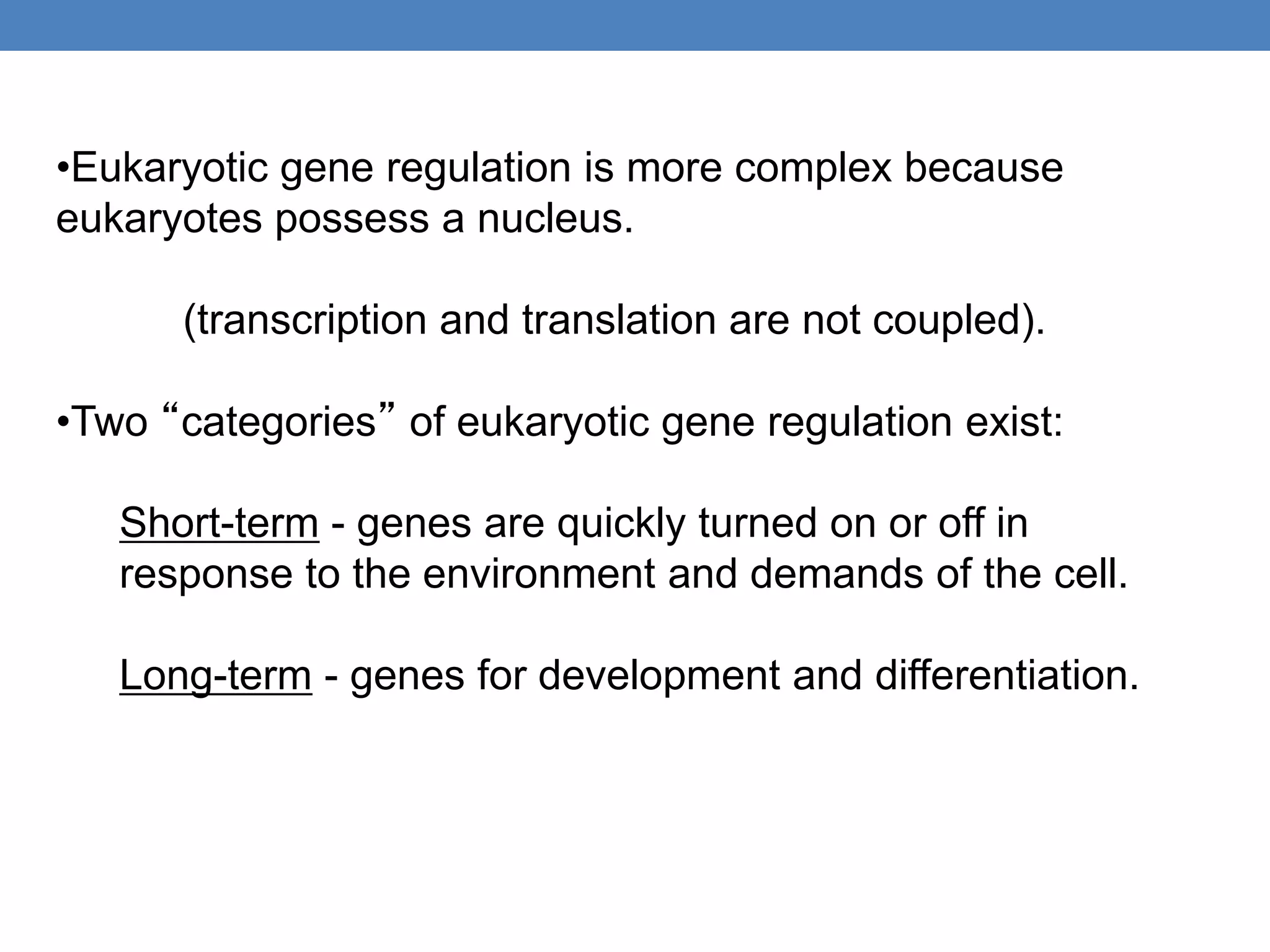 •Eukaryotic gene regulation is more complex because
eukaryotes possess a nucleus.
(transcription and translation are not coupled).
•Two “categories” of eukaryotic gene regulation exist:
Short-term - genes are quickly turned on or off in
response to the environment and demands of the cell.
Long-term - genes for development and differentiation.
 