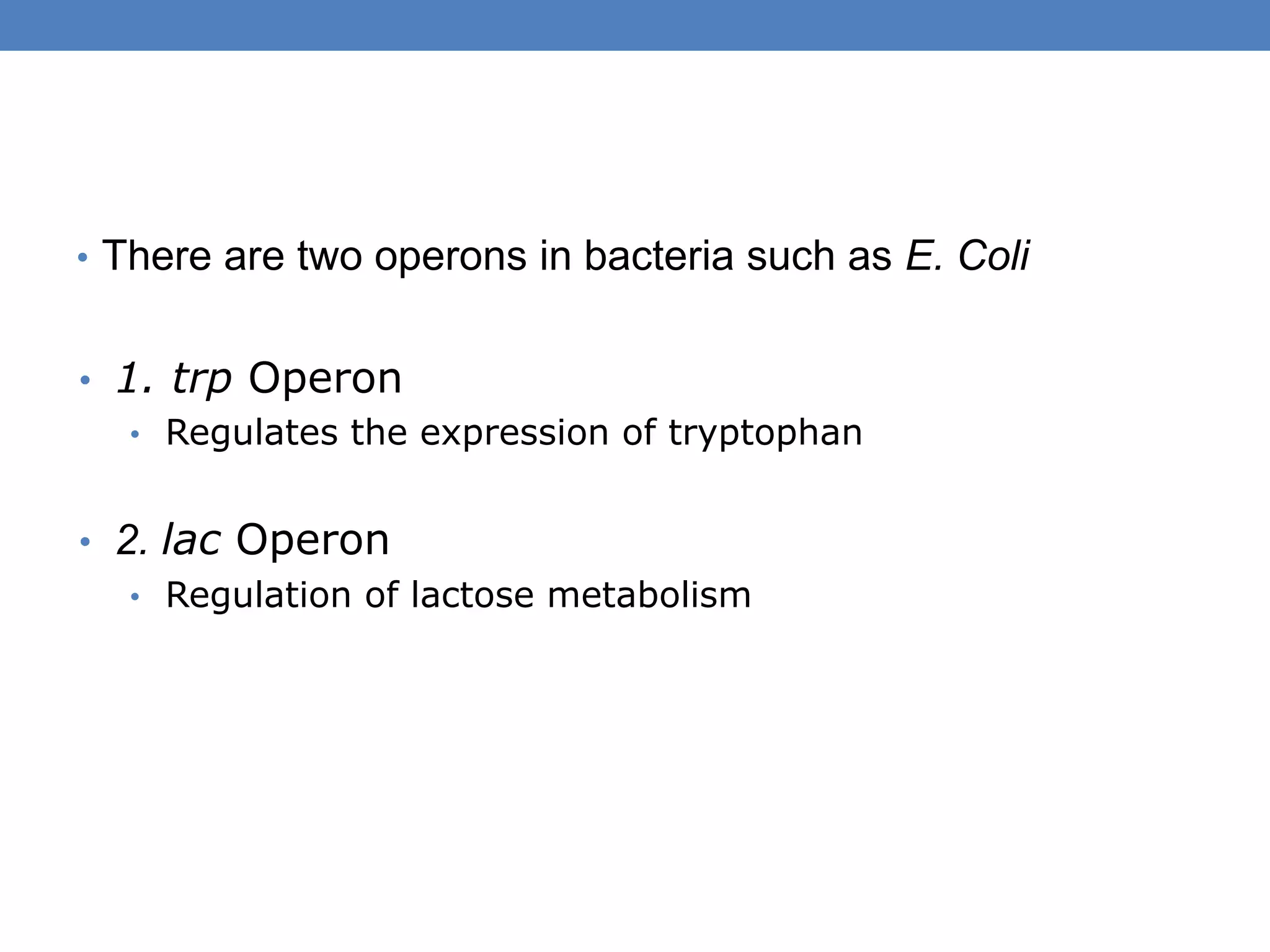• There are two operons in bacteria such as E. Coli
• 1. trp Operon
• Regulates the expression of tryptophan
• 2. lac Operon
• Regulation of lactose metabolism
 