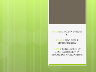 NAME: SUVAGIYA DHRUVI
K.
CLASS: MSC. SEM 3
MICROBIOLOGY
TOPIC: REGULATION OF
GENE EXPRESSION IN
EUKARIYOTIC ORGANISMS
 