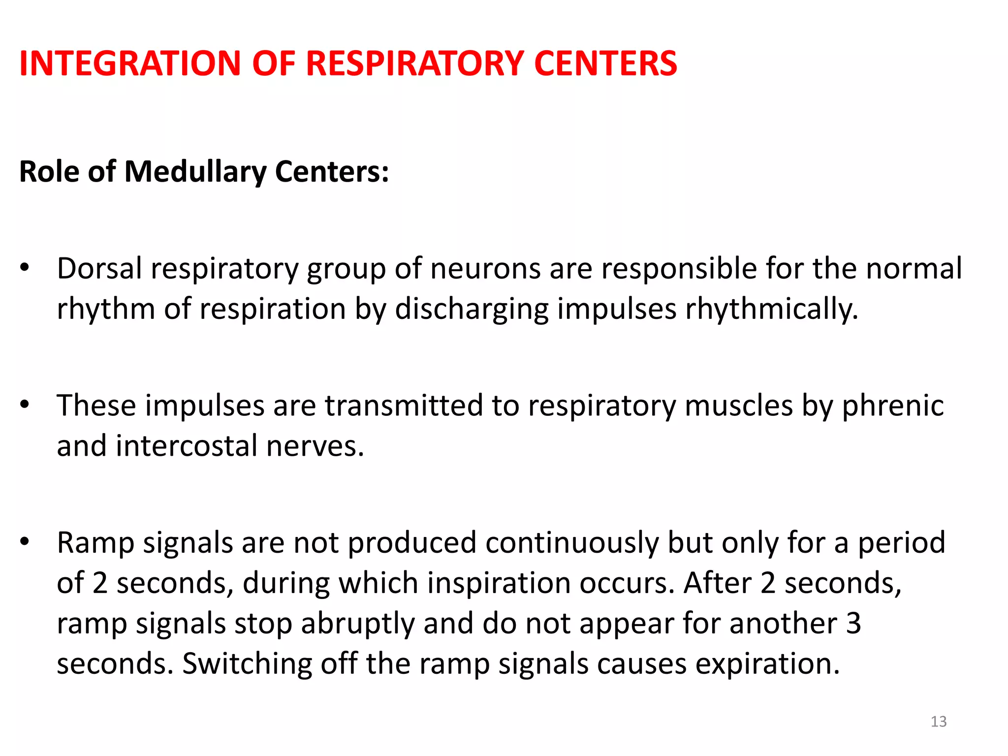 INTEGRATION OF RESPIRATORY CENTERS
Role of Medullary Centers:
• Dorsal respiratory group of neurons are responsible for the normal
rhythm of respiration by discharging impulses rhythmically.
• These impulses are transmitted to respiratory muscles by phrenic
and intercostal nerves.
• Ramp signals are not produced continuously but only for a period
of 2 seconds, during which inspiration occurs. After 2 seconds,
ramp signals stop abruptly and do not appear for another 3
seconds. Switching off the ramp signals causes expiration.
13
 