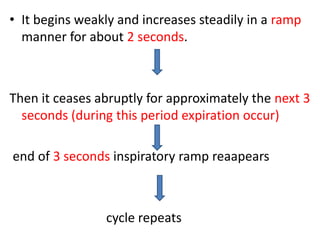 • It begins weakly and increases steadily in a ramp
manner for about 2 seconds.
Then it ceases abruptly for approximately the next 3
seconds (during this period expiration occur)
end of 3 seconds inspiratory ramp reaapears
cycle repeats
 