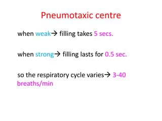 Pneumotaxic centre
when weak→ filling takes 5 secs.
when strong→ filling lasts for 0.5 sec.
so the respiratory cycle varies→ 3-40
breaths/min
 
