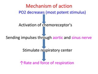 Mechanism of action
PO2 decreases (most potent stimulus)
Activation of chemoreceptor's
Sending impulses through aortic and sinus nerve
Stimulate respiratory center
↑Rate and force of respiration
 