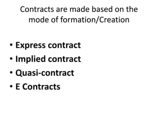 Contracts are made based on the
mode of formation/Creation
• Express contract
• Implied contract
• Quasi-contract
• E Contracts
 