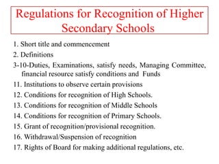 1. Short title and commencement
2. Definitions
3-10-Duties, Examinations, satisfy needs, Managing Committee,
financial resource satisfy conditions and Funds
11. Institutions to observe certain provisions
12. Conditions for recognition of High Schools.
13. Conditions for recognition of Middle Schools
14. Conditions for recognition of Primary Schools.
15. Grant of recognition/provisional recognition.
16. Withdrawal/Suspension of recognition
17. Rights of Board for making additional regulations, etc.
Regulations for Recognition of Higher
Secondary Schools
 