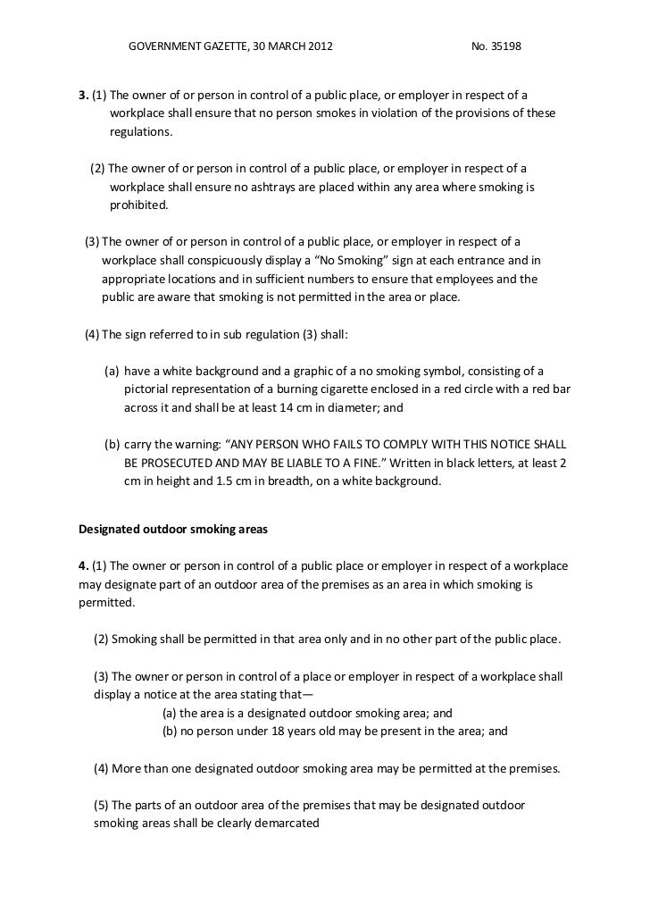 Regulations relating to smoking in Public Places