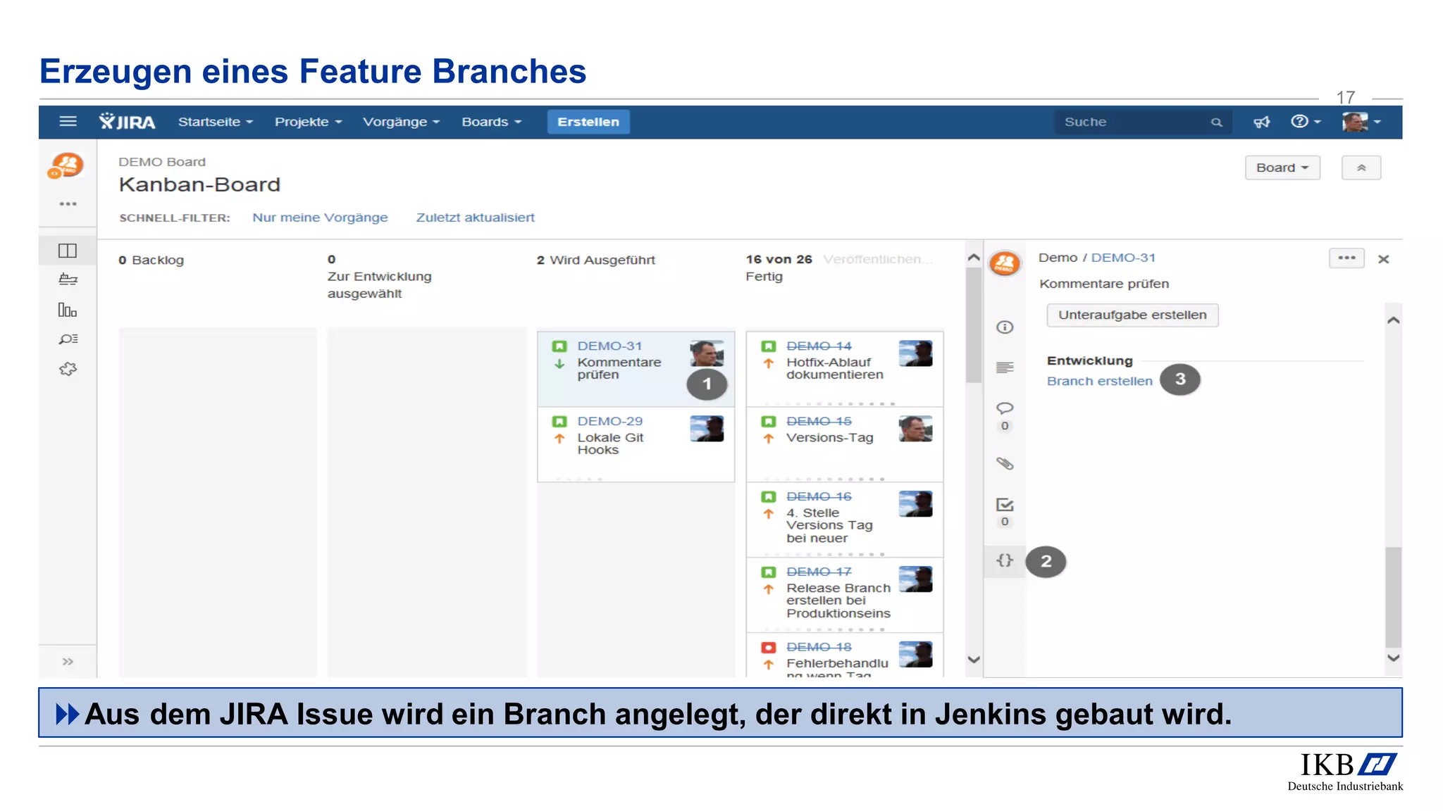 Erzeugen eines Feature Branches
Aus dem JIRA Issue wird ein Branch angelegt, der direkt in Jenkins gebaut wird.
17
 