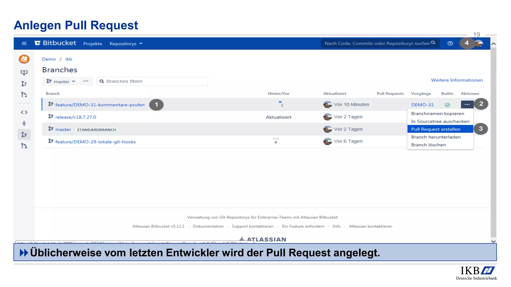 Anlegen Pull Request
19
Üblicherweise vom letzten Entwickler wird der Pull Request angelegt.
 