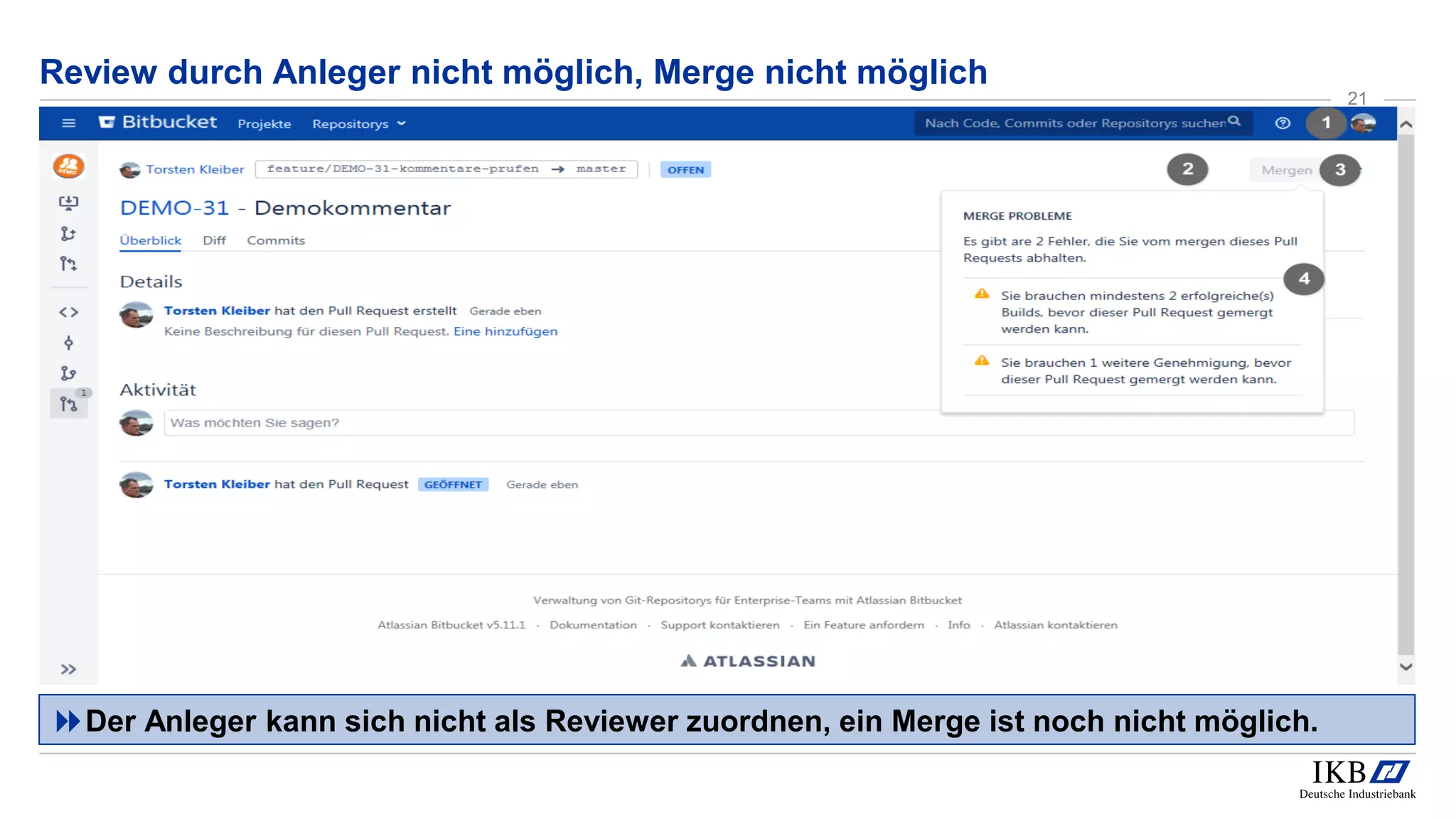 Review durch Anleger nicht möglich, Merge nicht möglich
Der Anleger kann sich nicht als Reviewer zuordnen, ein Merge ist noch nicht möglich.
21
 