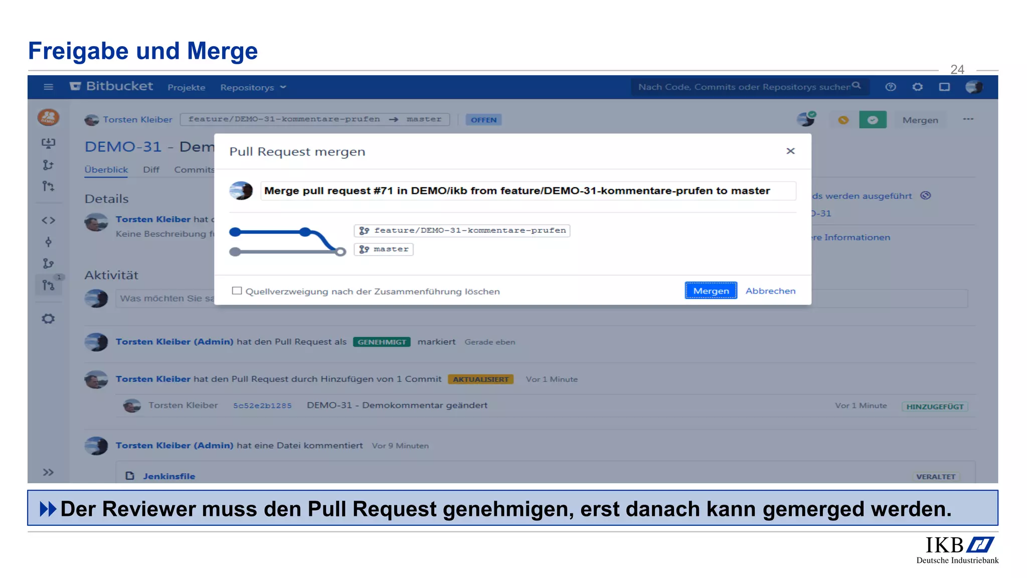 Freigabe und Merge
Der Reviewer muss den Pull Request genehmigen, erst danach kann gemerged werden.
24
 