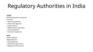 Regulatory Authorities in India
CDSCO
National Regulatory Authority
Functions
• New drug approval
• Clinical trial approval
• Import license
• Medical device regulation
• Vaccine approval
• Cosmetics regulation
DCGI
Head of CDSCO
Responsible for
• Drug approvals
• Clinical trial permission
• Regulatory enforcement
 