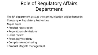 Role of Regulatory Affairs
Department
The RA department acts as the communication bridge between
Company Regulatory Authorities
↔
Major Roles
• Product registration
• Regulatory submissions
• Label review
• Regulatory strategy
• Compliance monitoring
• Product lifecycle management
 