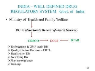 • Ministry of Health and Family Welfare
DGHS (Directorate General of Health Services)
CDSCO DCGI
INDIA – WELL DEFINED DRUG
REGULATORY SYSTEM Govt. of India
DTAB
 Enforcement & GMP audit Div
 Quality Control Division – CDTL
 Registration Div
 New Drug Div
Pharmacovigilance
Trainings
58
 