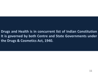 Drugs and Health is in concurrent list of Indian Constitution
It is governed by both Centre and State Governments under
the Drugs & Cosmetics Act, 1940.
11
 
