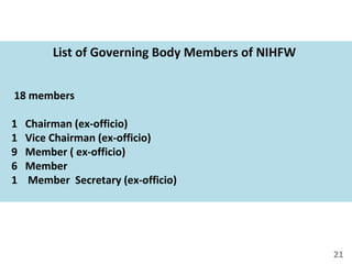 21
List of Governing Body Members of NIHFW
18 members
1 Chairman (ex-officio)
1 Vice Chairman (ex-officio)
9 Member ( ex-officio)
6 Member
1 Member Secretary (ex-officio)
 