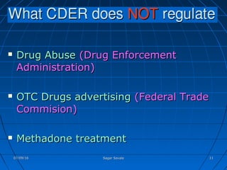  Drug AbuseDrug Abuse (Drug Enforcement(Drug Enforcement
Administration)Administration)
 OTC Drugs advertisingOTC Drugs advertising (Federal Trade(Federal Trade
Commision)Commision)
 Methadone treatmentMethadone treatment
07/09/1607/09/16 Sagar SavaleSagar Savale 1111
 