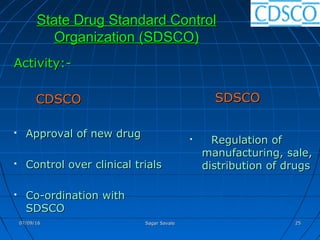 State Drug Standard ControlState Drug Standard Control
Organization (SDSCO)Organization (SDSCO)
Activity:-Activity:-
CDSCOCDSCO
 Approval of new drugApproval of new drug
 Control over clinical trialsControl over clinical trials
 Co-ordination withCo-ordination with
SDSCOSDSCO
SDSCOSDSCO

Regulation ofRegulation of
manufacturing, sale,manufacturing, sale,
distribution of drugsdistribution of drugs
07/09/1607/09/16 Sagar SavaleSagar Savale 2525
 